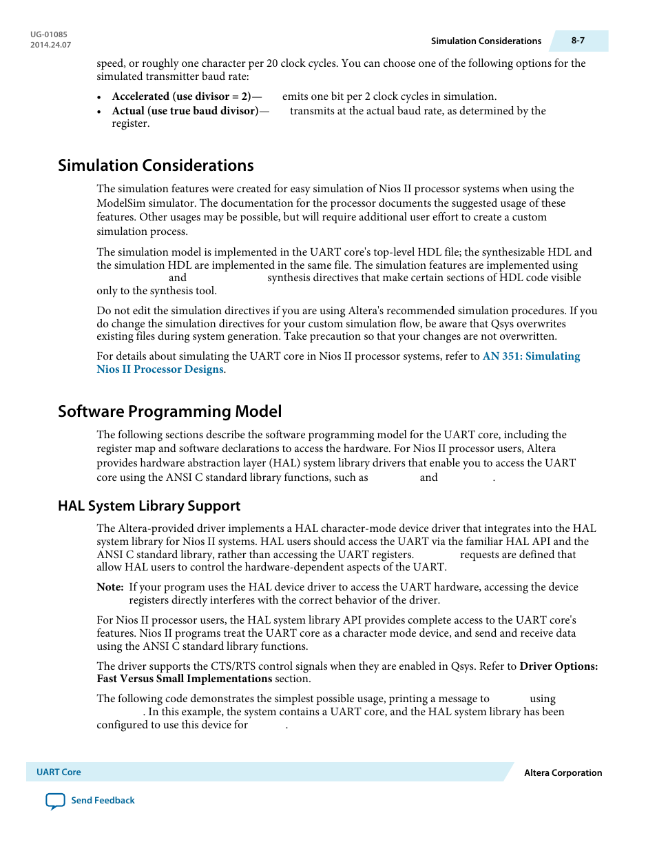 Simulation considerations, Software programming model, Hal system library support | Simulation considerations -7, Software programming model -7, Hal system library support -7 | Altera Embedded Peripherals IP User Manual | Page 76 / 336