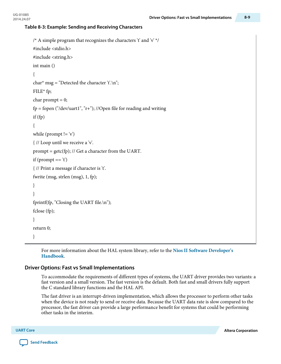 Driver options: fast vs small implementations | Altera Embedded Peripherals IP User Manual | Page 78 / 336