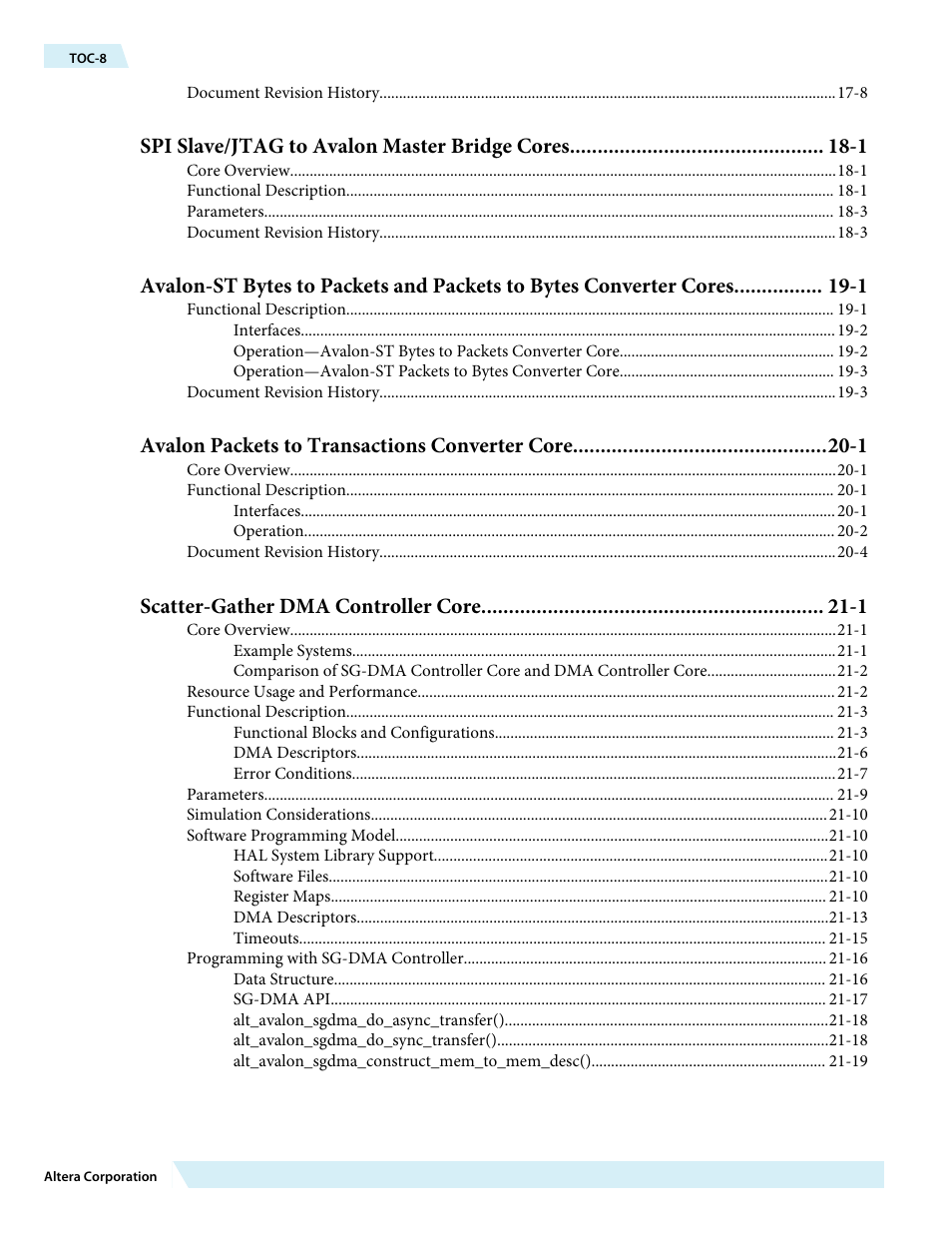 Spi slave/jtag to avalon master bridge cores -1, Avalon packets to transactions converter core -1, Scatter-gather dma controller core -1 | Altera Embedded Peripherals IP User Manual | Page 8 / 336