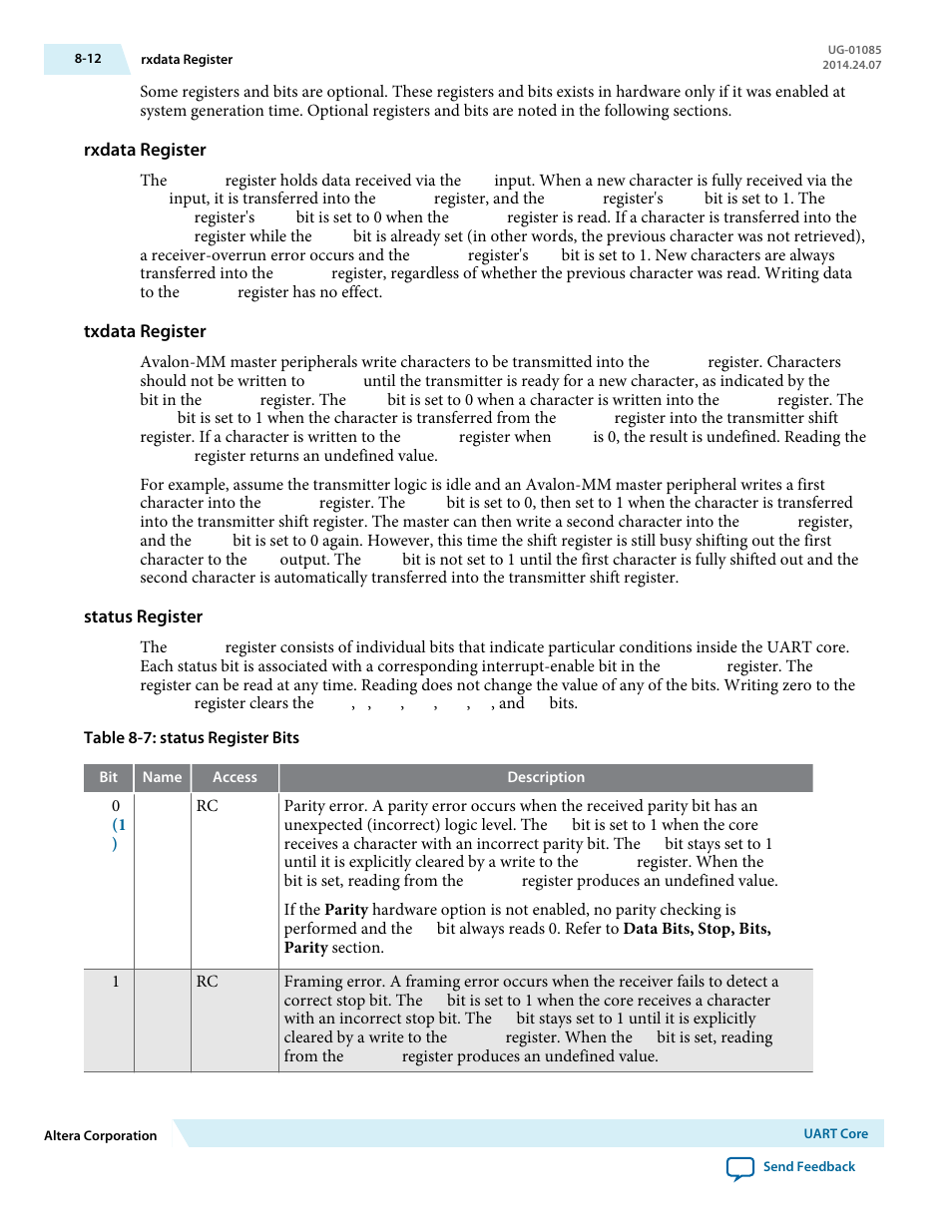 Rxdata register, Txdata register, Status register | Altera Embedded Peripherals IP User Manual | Page 81 / 336