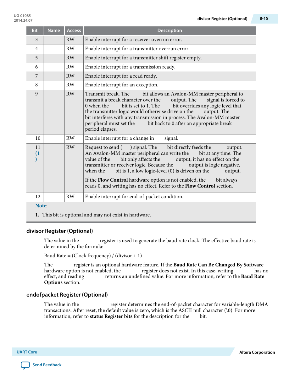 Divisor register (optional), Endofpacket register (optional) | Altera Embedded Peripherals IP User Manual | Page 84 / 336