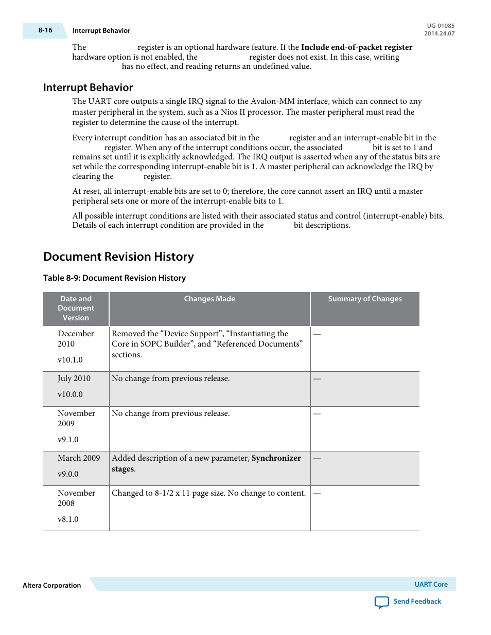 Interrupt behavior, Document revision history, Interrupt behavior -16 | Document revision history -16 | Altera Embedded Peripherals IP User Manual | Page 85 / 336