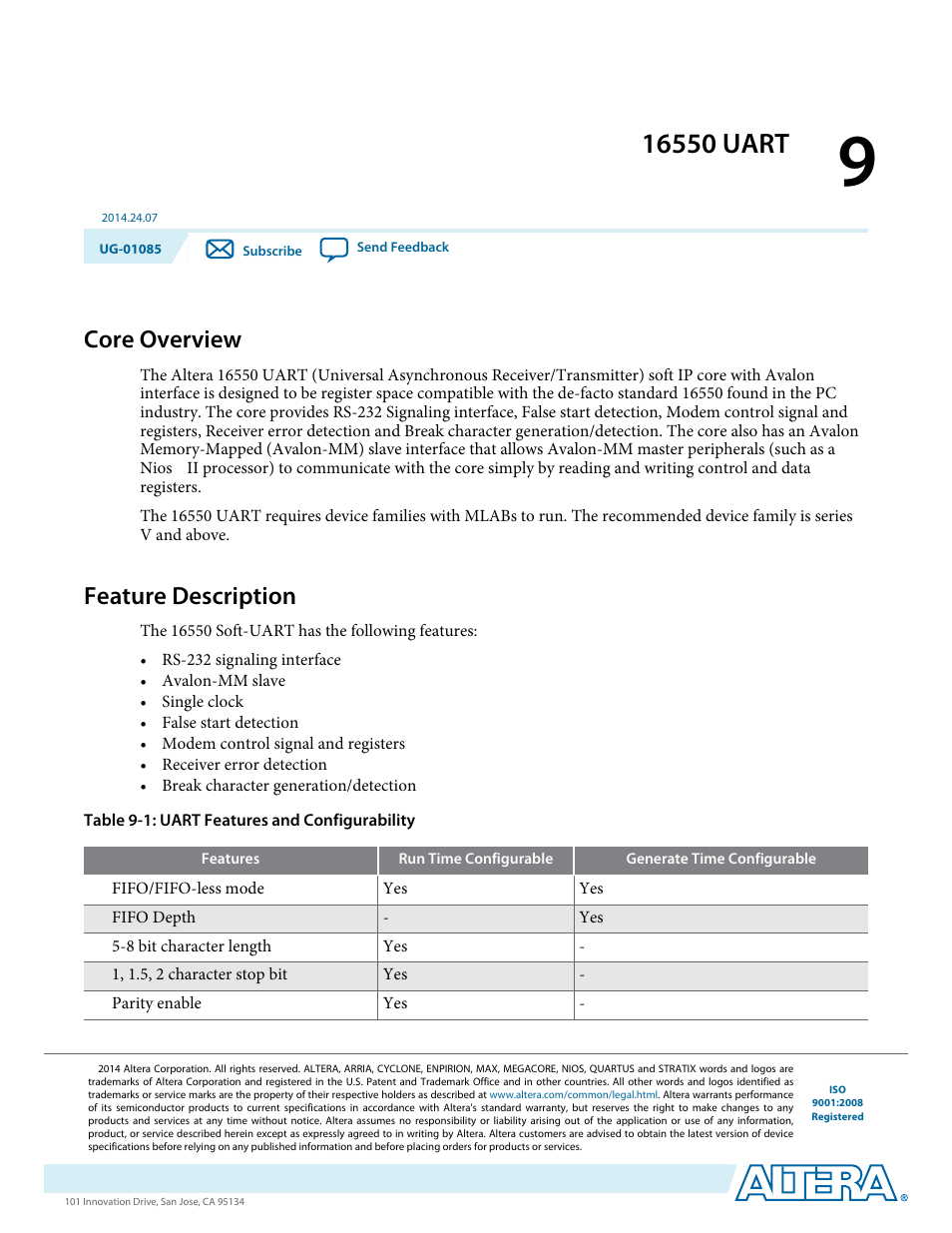 16550 uart, Core overview, Feature description | 16550 uart -1, Core overview -1, Feature description -1 | Altera Embedded Peripherals IP User Manual | Page 87 / 336