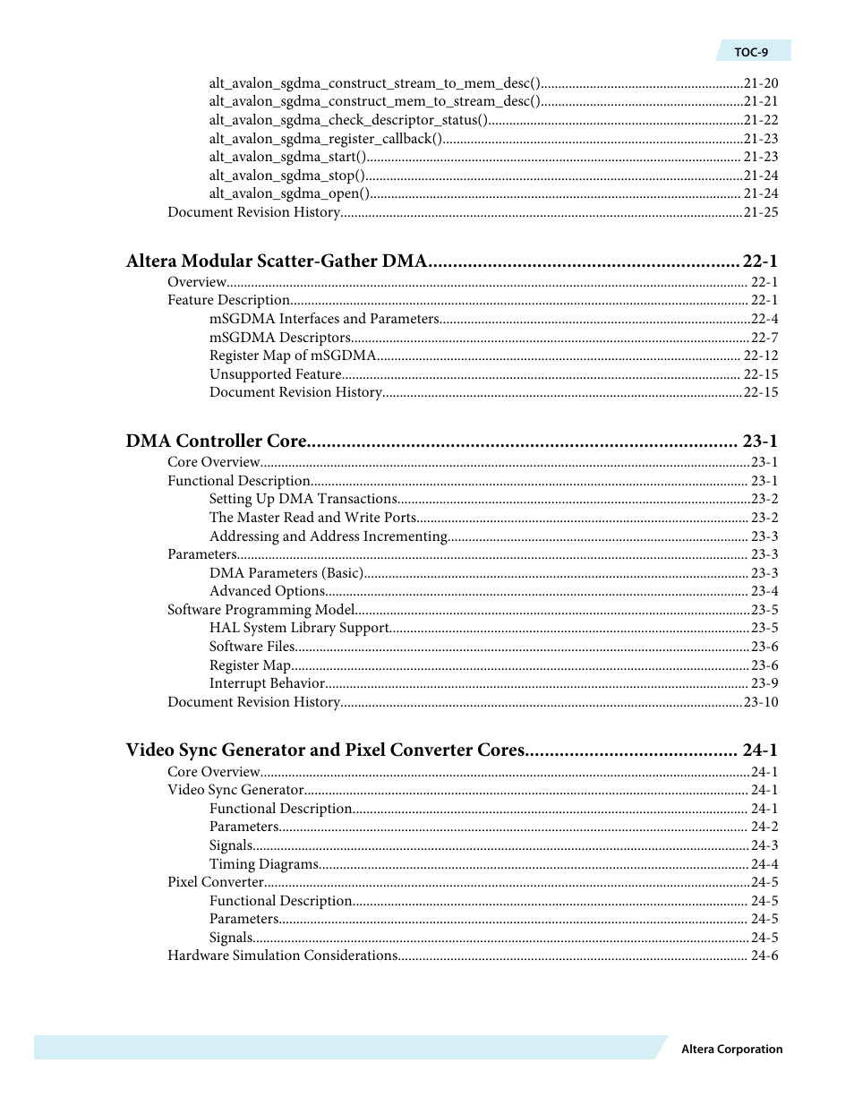 Altera modular scatter-gather dma -1, Dma controller core -1, Video sync generator and pixel converter cores -1 | Altera Embedded Peripherals IP User Manual | Page 9 / 336