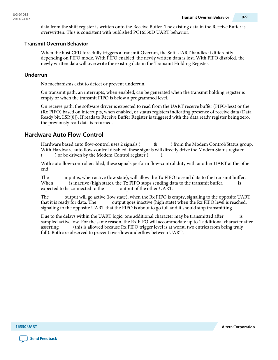 Transmit overrun behavior, Underrun, Hardware auto flow-control | Hardware auto flow-control -9 | Altera Embedded Peripherals IP User Manual | Page 95 / 336