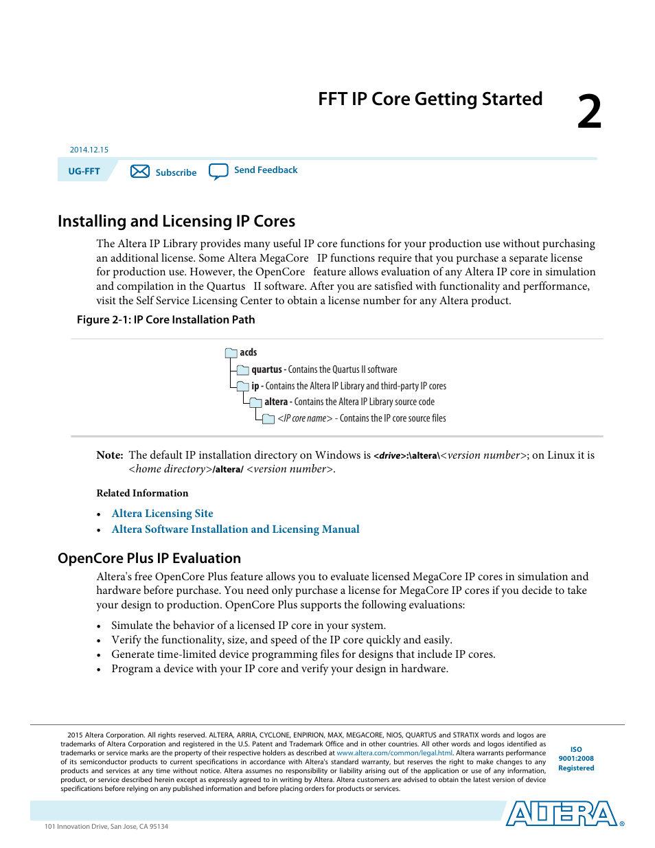 Fft ip core getting started, Installing and licensing ip cores, Opencore plus ip evaluation | Fft ip core getting started -1, Installing and licensing ip cores -1, Opencore plus ip evaluation -1 | Altera FFT MegaCore Function User Manual | Page 15 / 50