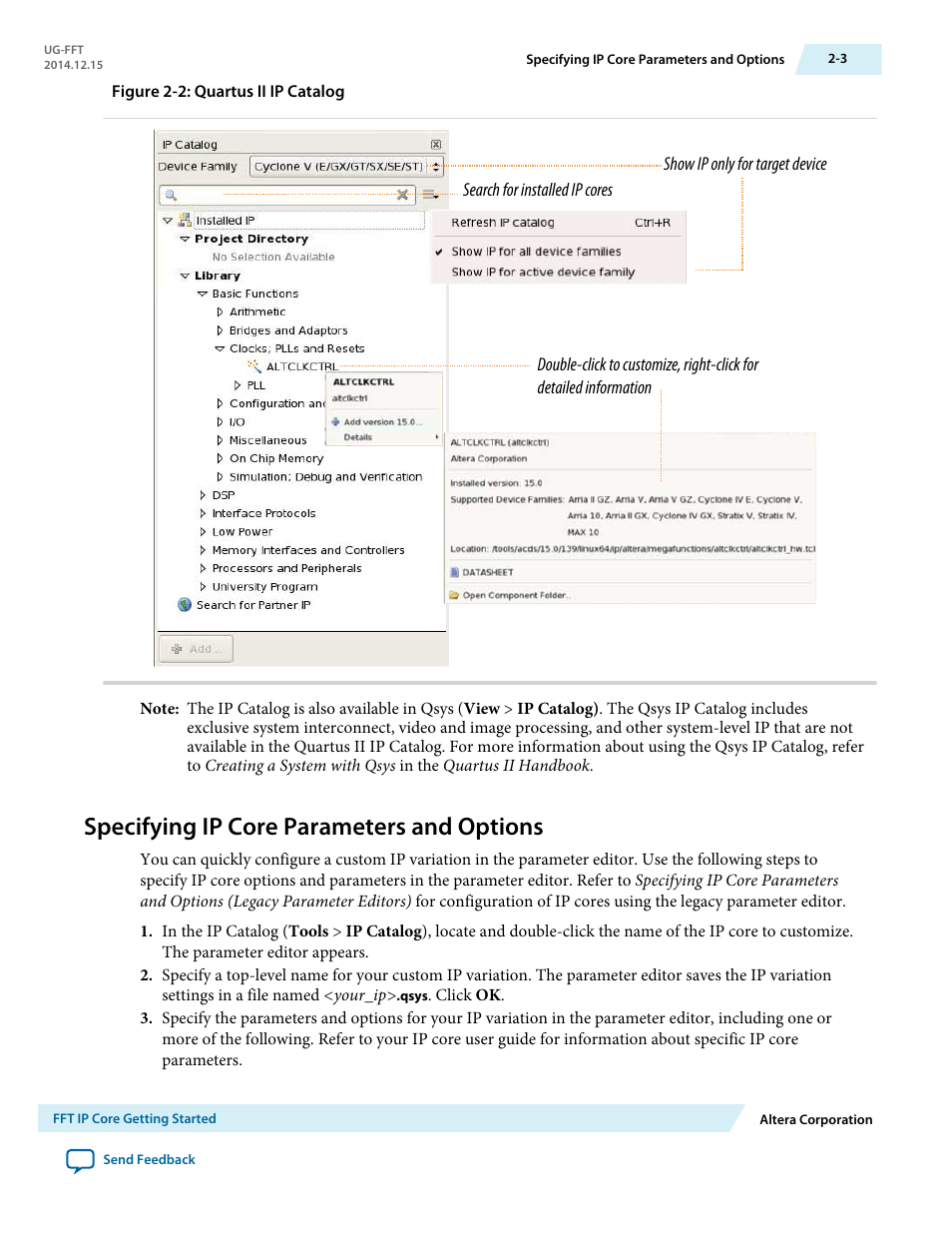 Specifying ip core parameters and options, Specifying ip core parameters and options -3 | Altera FFT MegaCore Function User Manual | Page 17 / 50