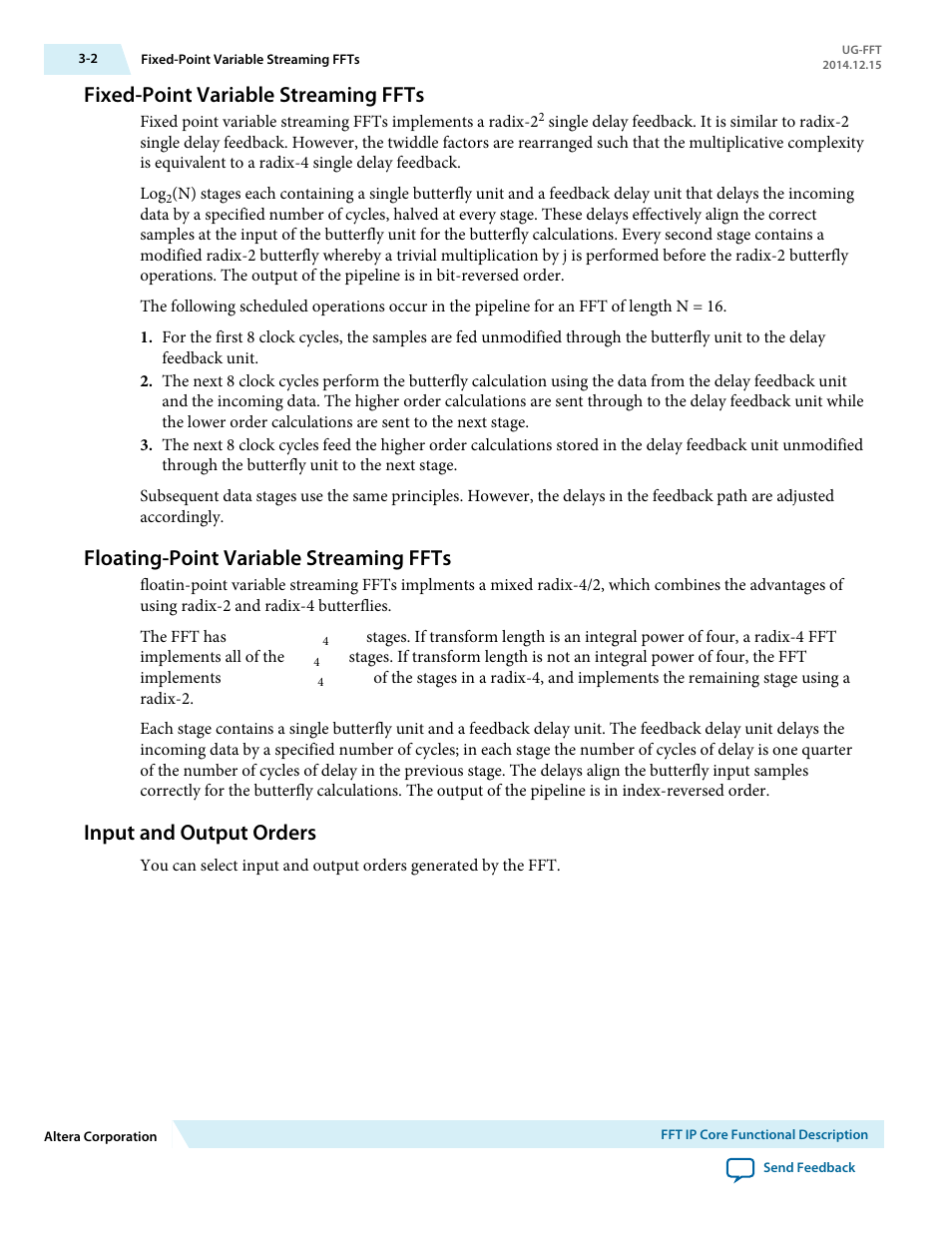 Fixed-point variable streaming ffts, Floating-point variable streaming ffts, Input and output orders | Fixed-point variable streaming ffts -2, Floating-point variable streaming ffts -2, Input and output orders -2 | Altera FFT MegaCore Function User Manual | Page 25 / 50