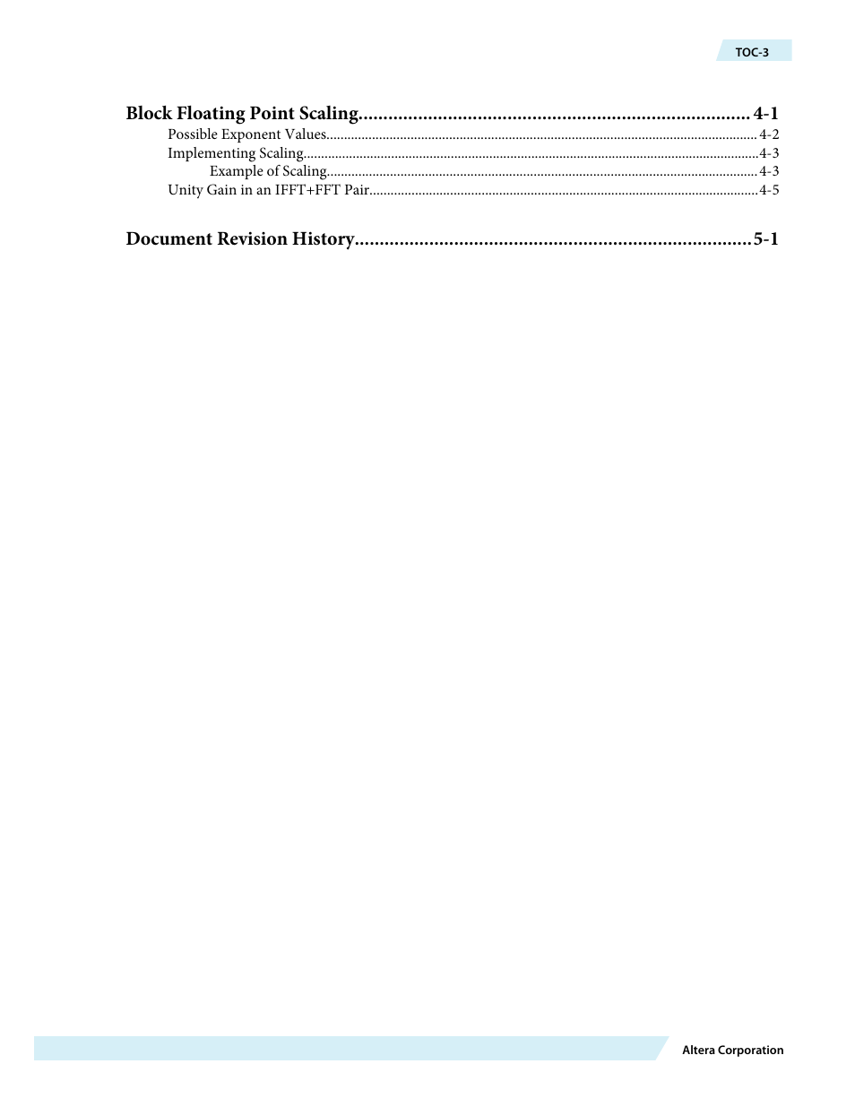 Block floating point scaling -1, Document revision history -1 | Altera FFT MegaCore Function User Manual | Page 3 / 50