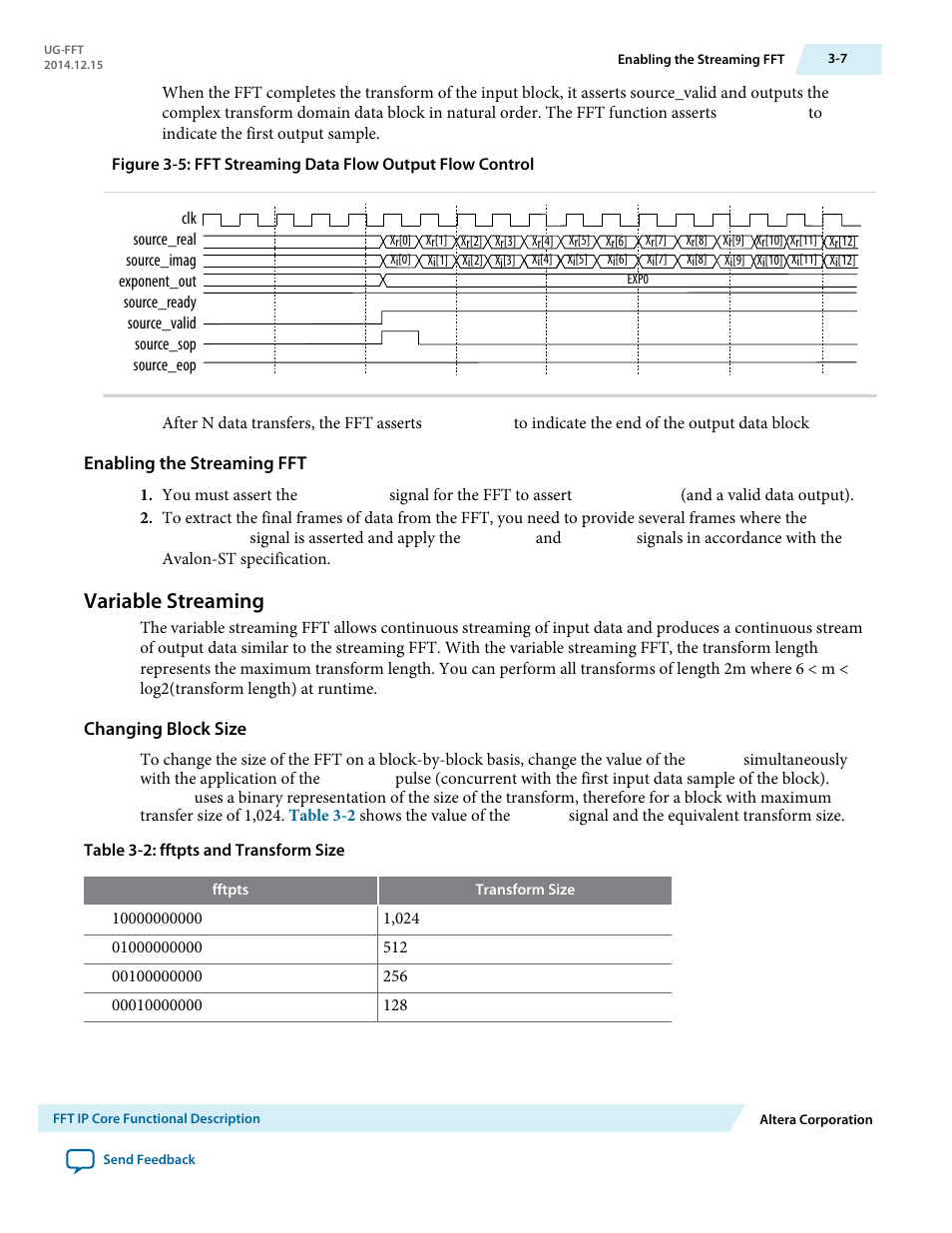 Enabling the streaming fft, Variable streaming, Changing block size | Variable streaming -7 | Altera FFT MegaCore Function User Manual | Page 30 / 50