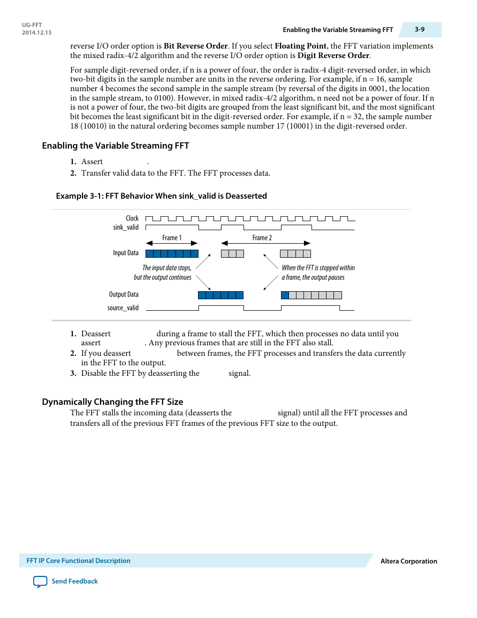 Enabling the variable streaming fft, Dynamically changing the fft size | Altera FFT MegaCore Function User Manual | Page 32 / 50