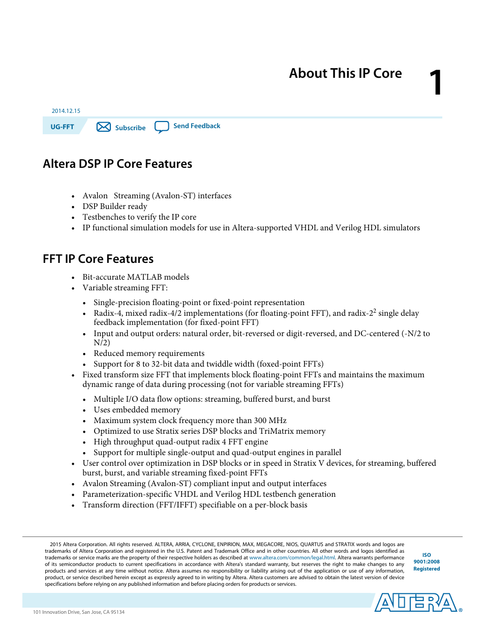 About this ip core, Altera dsp ip core features, Fft ip core features | About this ip core -1, Altera dsp ip core features -1, Fft ip core features -1 | Altera FFT MegaCore Function User Manual | Page 4 / 50