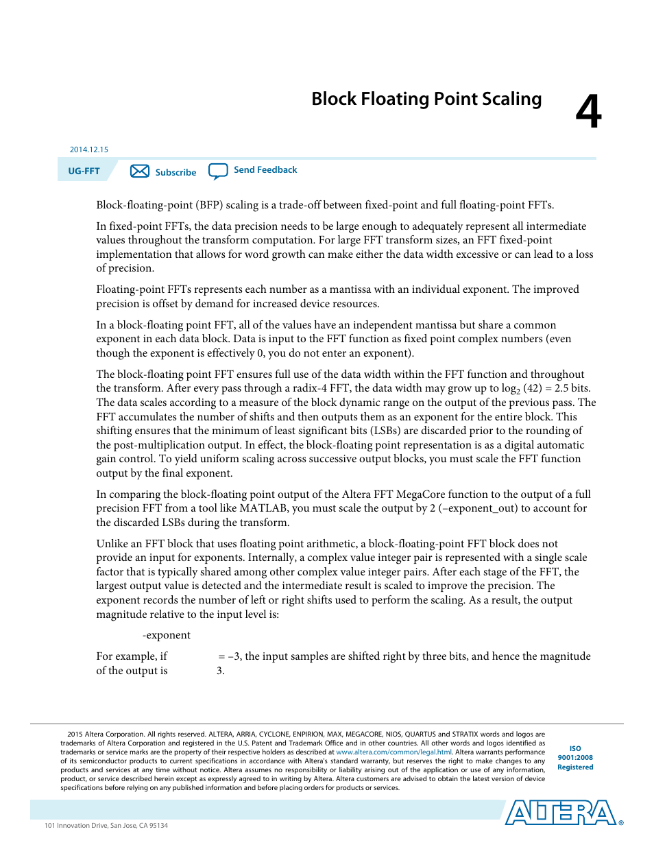 Block floating point scaling, Block floating point scaling -1 | Altera FFT MegaCore Function User Manual | Page 43 / 50