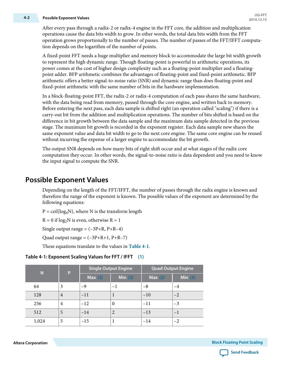 Possible exponent values, Possible exponent values -2 | Altera FFT MegaCore Function User Manual | Page 44 / 50