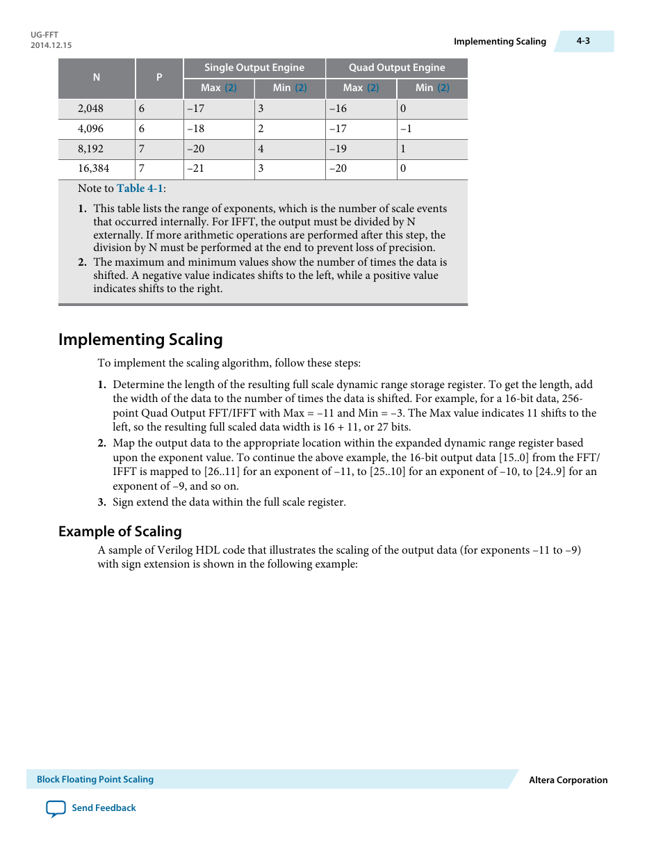 Implementing scaling, Example of scaling, Implementing scaling -3 | Example of scaling -3, Table 4-1: exponent scaling values for fft / ifft | Altera FFT MegaCore Function User Manual | Page 45 / 50