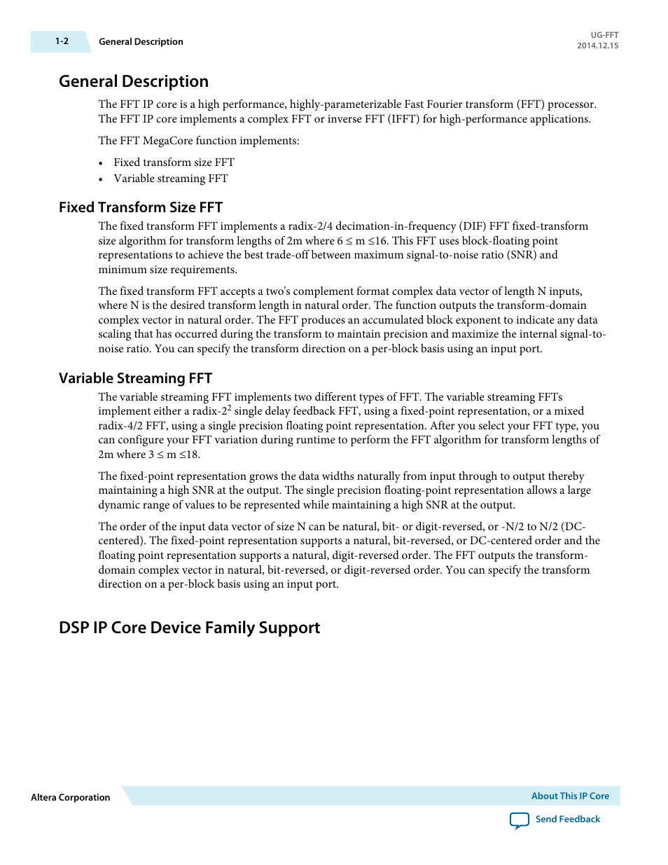 General description, Fixed transform size fft, Variable streaming fft | Dsp ip core device family support, General description -2, Fixed transform size fft -2, Variable streaming fft -2, Dsp ip core device family support -2 | Altera FFT MegaCore Function User Manual | Page 5 / 50