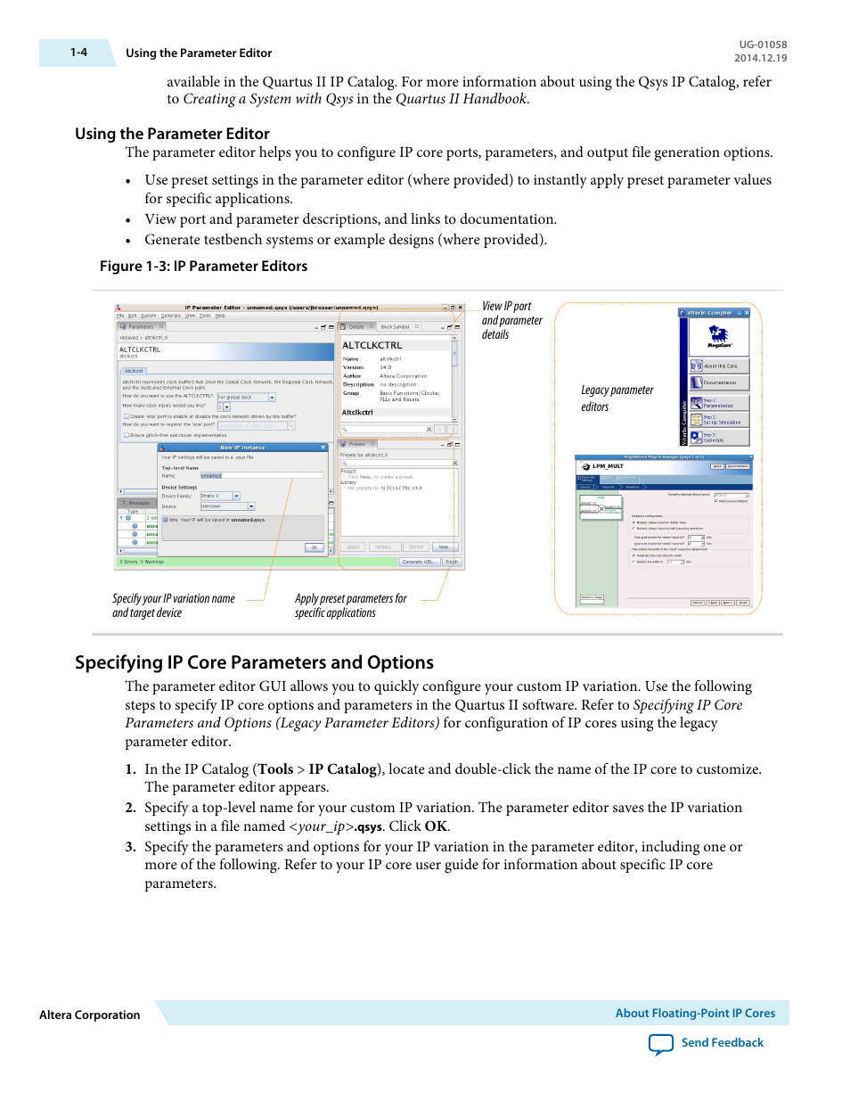Using the parameter editor, Specifying ip core parameters and options, Specifying ip core parameters and options -4 | Altera Floating-Point User Manual | Page 10 / 157