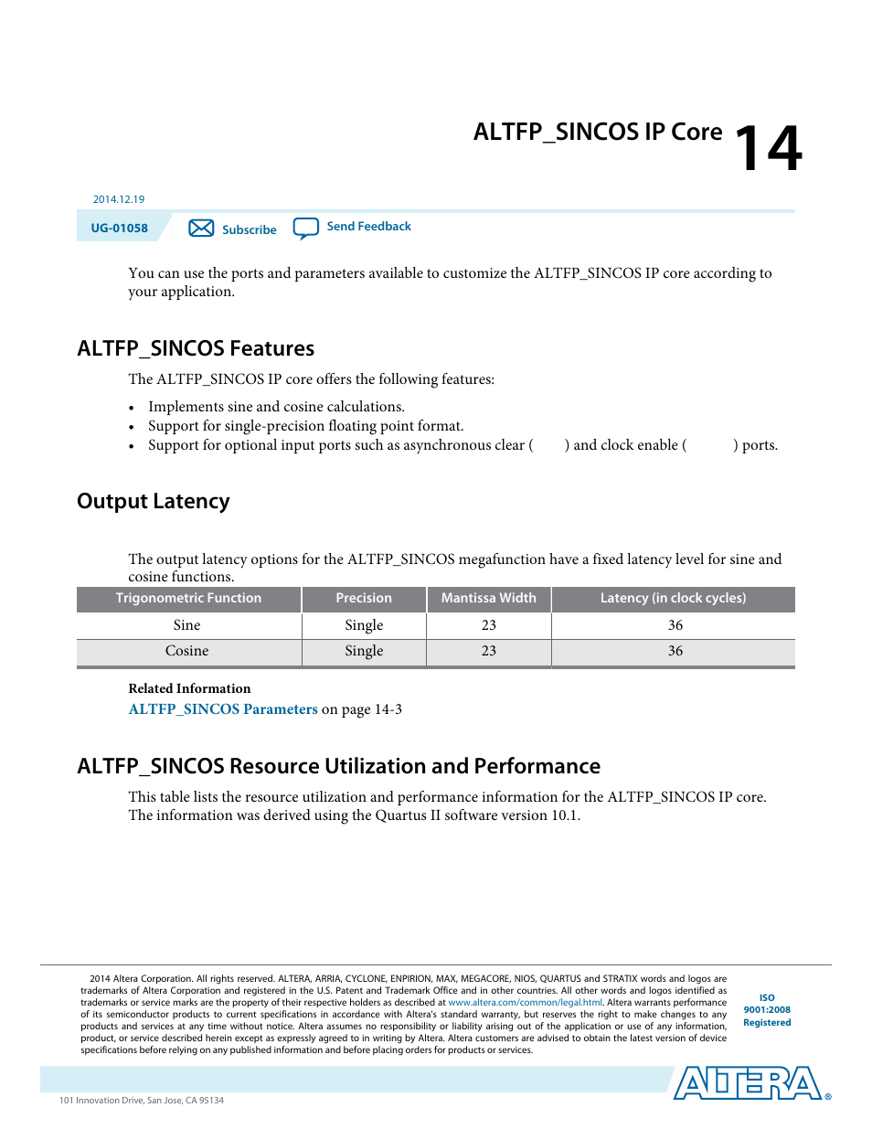 Altfp_sincos ip core, Altfp_sincos features, Output latency | Altfp_sincos resource utilization and performance, Altfp_sincos ip core -1, Altfp_sincos features -1, Output latency -1 | Altera Floating-Point User Manual | Page 102 / 157