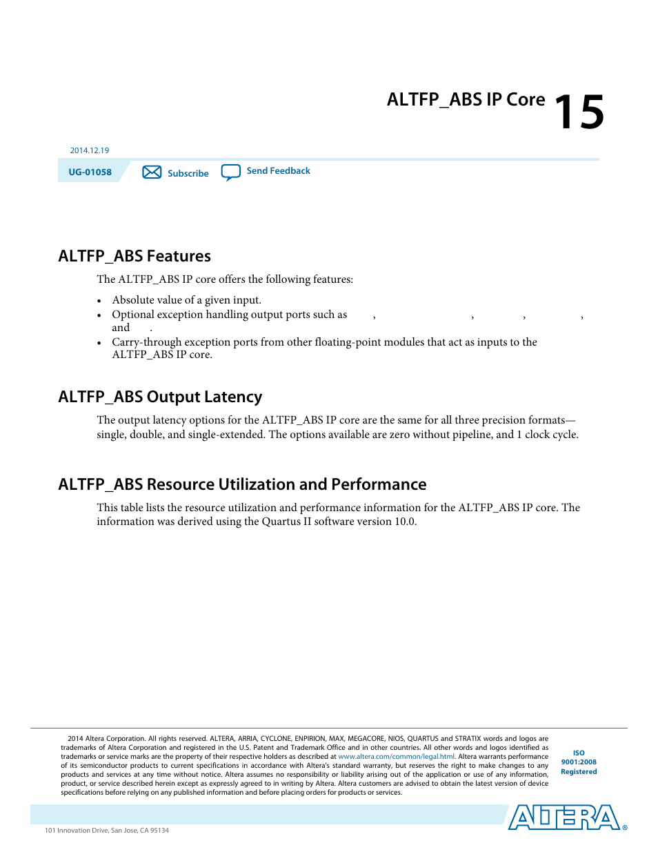 Altfp_abs ip core, Altfp_abs features, Altfp_abs output latency | Altfp_abs resource utilization and performance, Altfp_abs ip core -1, Altfp_abs features -1, Altfp_abs output latency -1, Altfp_abs resource utilization and performance -1 | Altera Floating-Point User Manual | Page 105 / 157