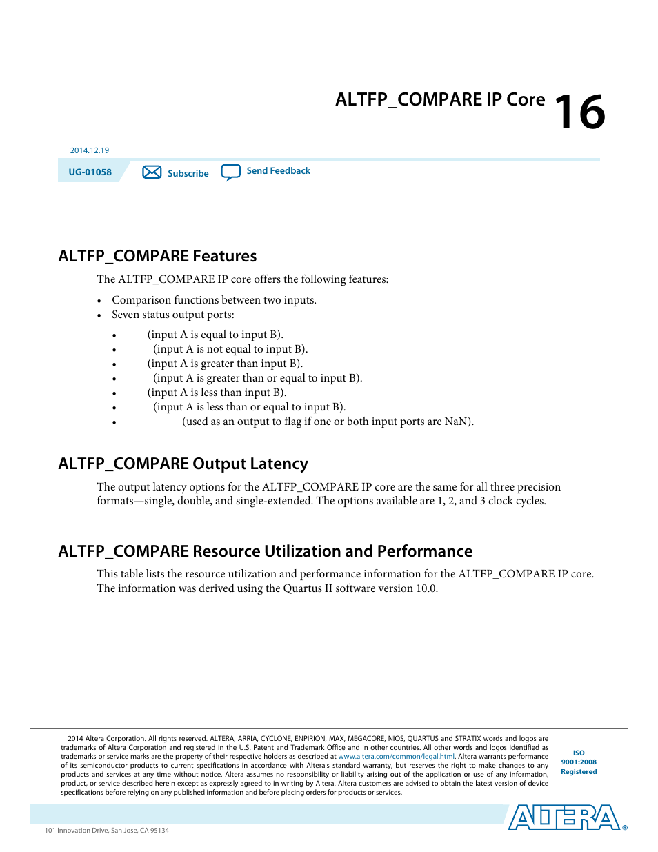 Altfp_compare ip core, Altfp_compare features, Altfp_compare output latency | Altfp_compare resource utilization and performance, Altfp_compare ip core -1, Altfp_compare features -1, Altfp_compare output latency -1 | Altera Floating-Point User Manual | Page 111 / 157