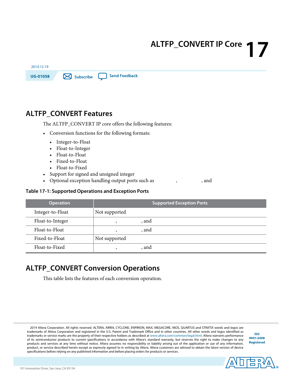 Altfp_convert ip core, Altfp_convert features, Altfp_convert conversion operations | Altfp_convert ip core -1, Altfp_convert features -1, Altfp_convert conversion operations -1 | Altera Floating-Point User Manual | Page 116 / 157