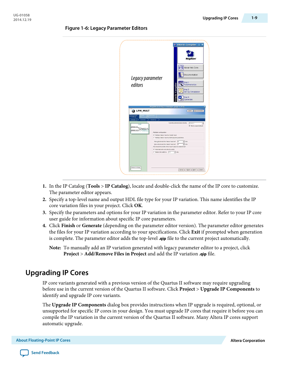 Upgrading ip cores, Upgrading ip cores -9 | Altera Floating-Point User Manual | Page 15 / 157