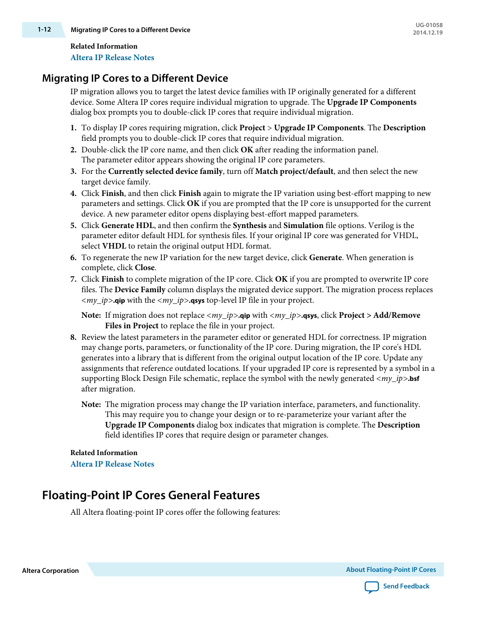 Migrating ip cores to a different device, Floating-point ip cores general features, Migrating ip cores to a different device -12 | Floating-point ip cores general features -12 | Altera Floating-Point User Manual | Page 18 / 157