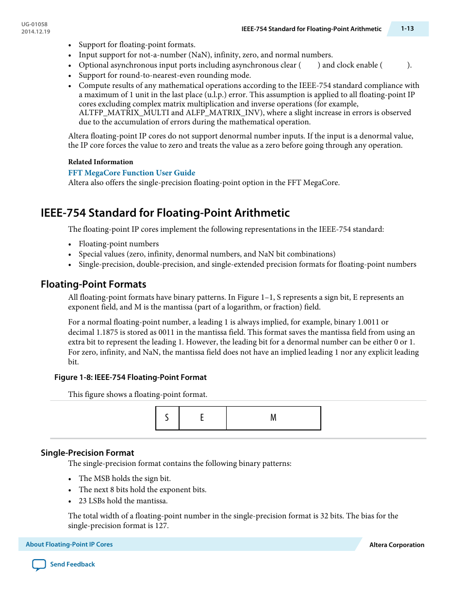 Ieee-754 standard for floating-point arithmetic, Floating-point formats, Single-precision format | Floating-point formats -13, Se m | Altera Floating-Point User Manual | Page 19 / 157