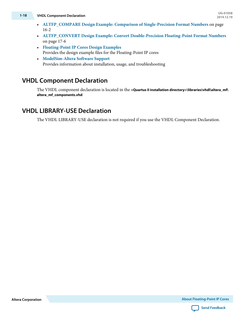 Vhdl component declaration, Vhdl library-use declaration, Vhdl component declaration -18 | Vhdl library-use declaration -18 | Altera Floating-Point User Manual | Page 24 / 157