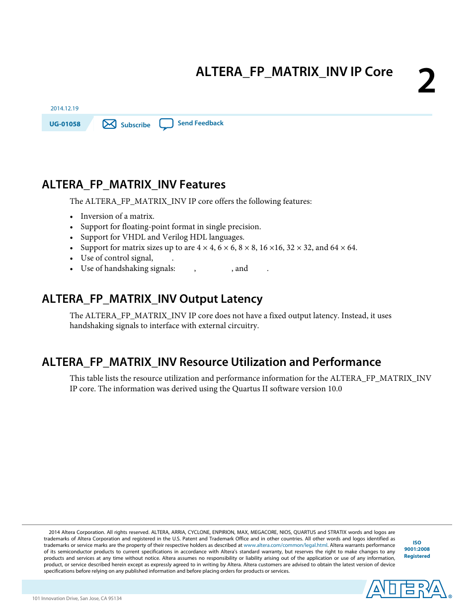Altera_fp_matrix_inv ip core, Altera_fp_matrix_inv features, Altera_fp_matrix_inv output latency | Altera_fp_matrix_inv ip core -1, Altera_fp_matrix_inv features -1, Altera_fp_matrix_inv output latency -1 | Altera Floating-Point User Manual | Page 25 / 157