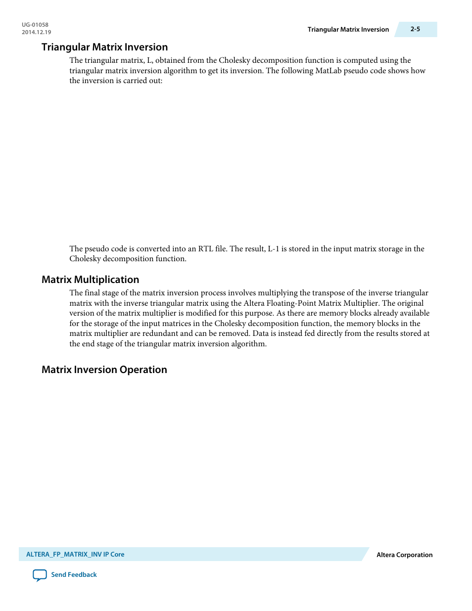 Triangular matrix inversion, Matrix multiplication, Matrix inversion operation | Triangular matrix inversion -5, Matrix multiplication -5, Matrix inversion operation -5 | Altera Floating-Point User Manual | Page 29 / 157