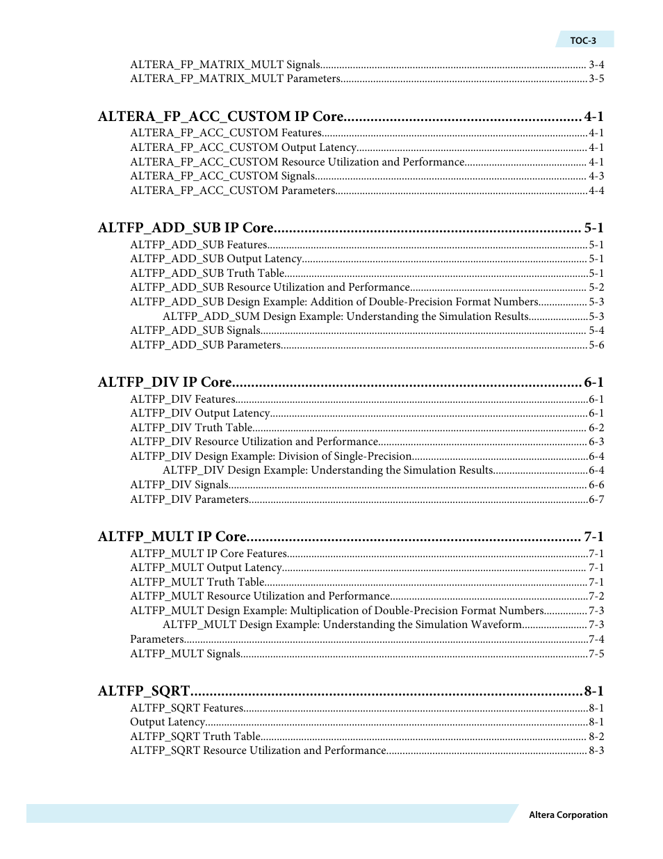 Altera_fp_acc_custom ip core -1, Altfp_add_sub ip core -1, Altfp_div ip core -1 | Altfp_mult ip core -1, Altfp_sqrt -1 | Altera Floating-Point User Manual | Page 3 / 157