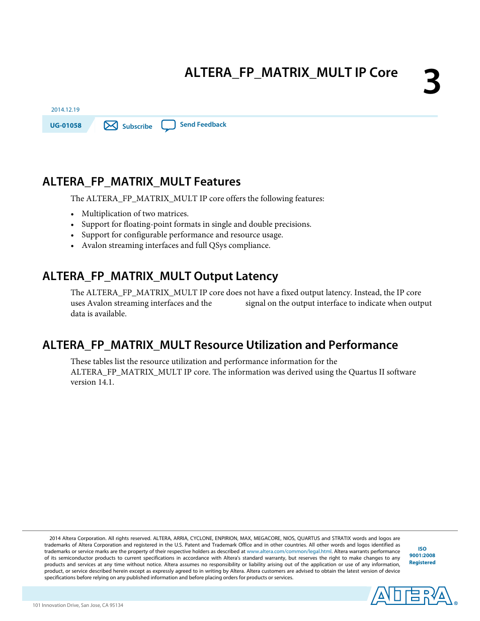 Altera_fp_matrix_mult ip core, Altera_fp_matrix_mult features, Altera_fp_matrix_mult output latency | Altera_fp_matrix_mult ip core -1, Altera_fp_matrix_mult features -1, Altera_fp_matrix_mult output latency -1 | Altera Floating-Point User Manual | Page 36 / 157