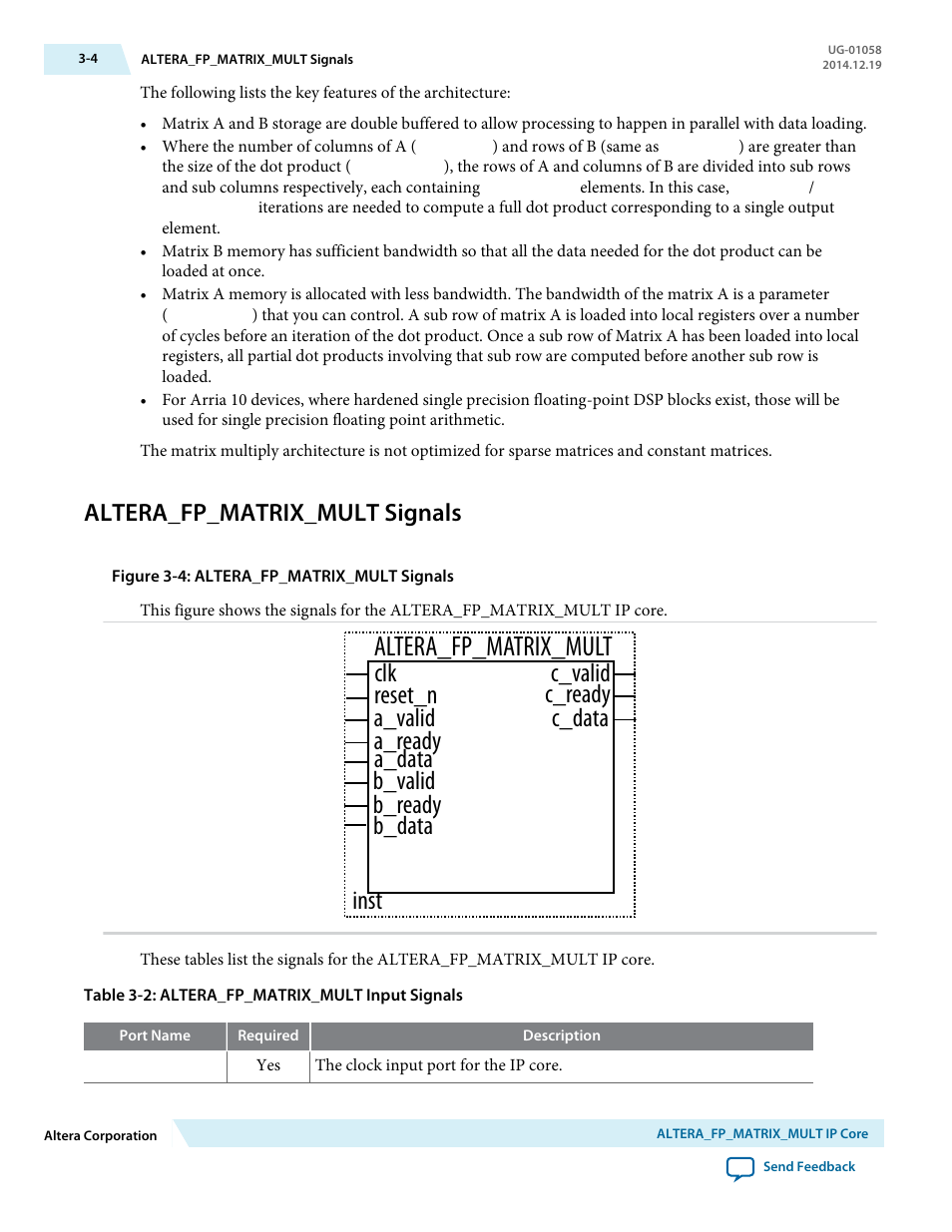 Altera_fp_matrix_mult signals, Altera_fp_matrix_mult signals -4, Altera_fp_matrix_mult | Clk reset_n a_ready a_valid a_data inst, C_valid c_ready c_data b_ready b_valid b_data | Altera Floating-Point User Manual | Page 39 / 157
