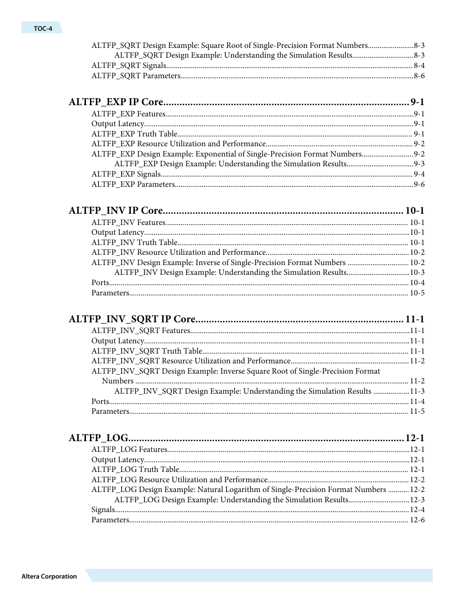 Altfp_exp ip core -1, Altfp_inv ip core -1, Altfp_inv_sqrt ip core -1 | Altfp_log -1 | Altera Floating-Point User Manual | Page 4 / 157