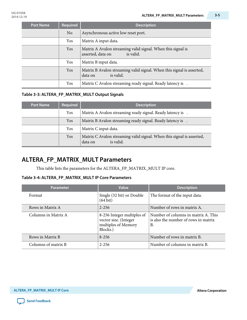 Altera_fp_matrix_mult parameters, Altera_fp_matrix_mult parameters -5 | Altera Floating-Point User Manual | Page 40 / 157