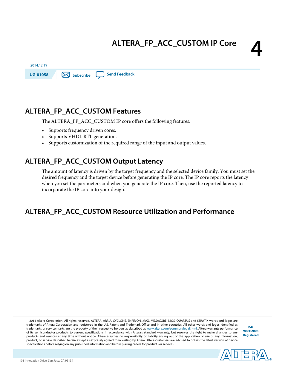 Altera_fp_acc_custom ip core, Altera_fp_acc_custom features, Altera_fp_acc_custom output latency | Altera_fp_acc_custom ip core -1, Altera_fp_acc_custom features -1, Altera_fp_acc_custom output latency -1 | Altera Floating-Point User Manual | Page 42 / 157