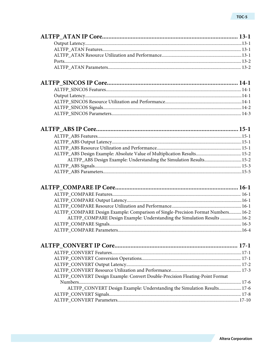 Altfp_atan ip core -1, Altfp_sincos ip core -1, Altfp_abs ip core -1 | Altfp_compare ip core -1, Altfp_convert ip core -1 | Altera Floating-Point User Manual | Page 5 / 157