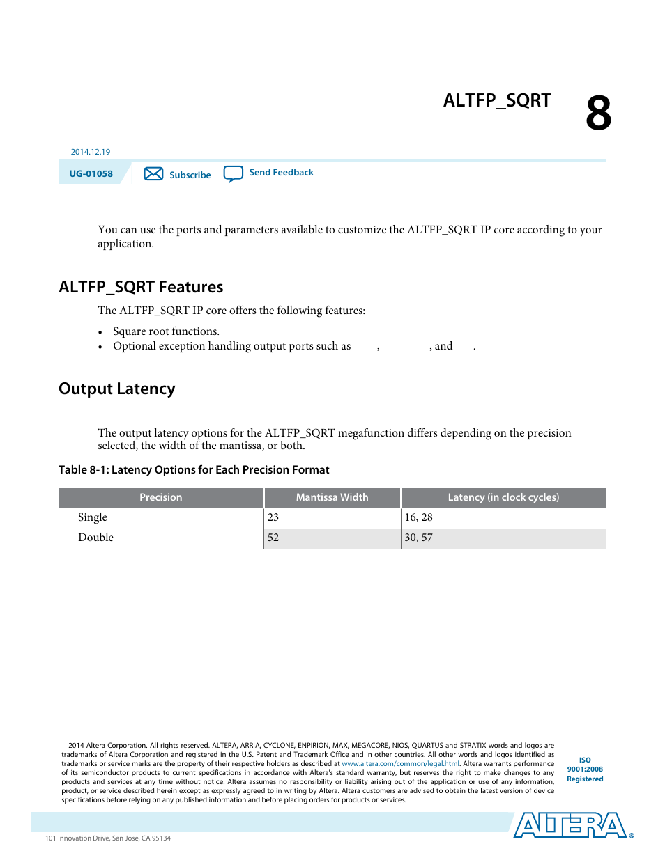 Altfp_sqrt, Altfp_sqrt features, Output latency | Altfp_sqrt -1, Altfp_sqrt features -1, Output latency -1 | Altera Floating-Point User Manual | Page 69 / 157
