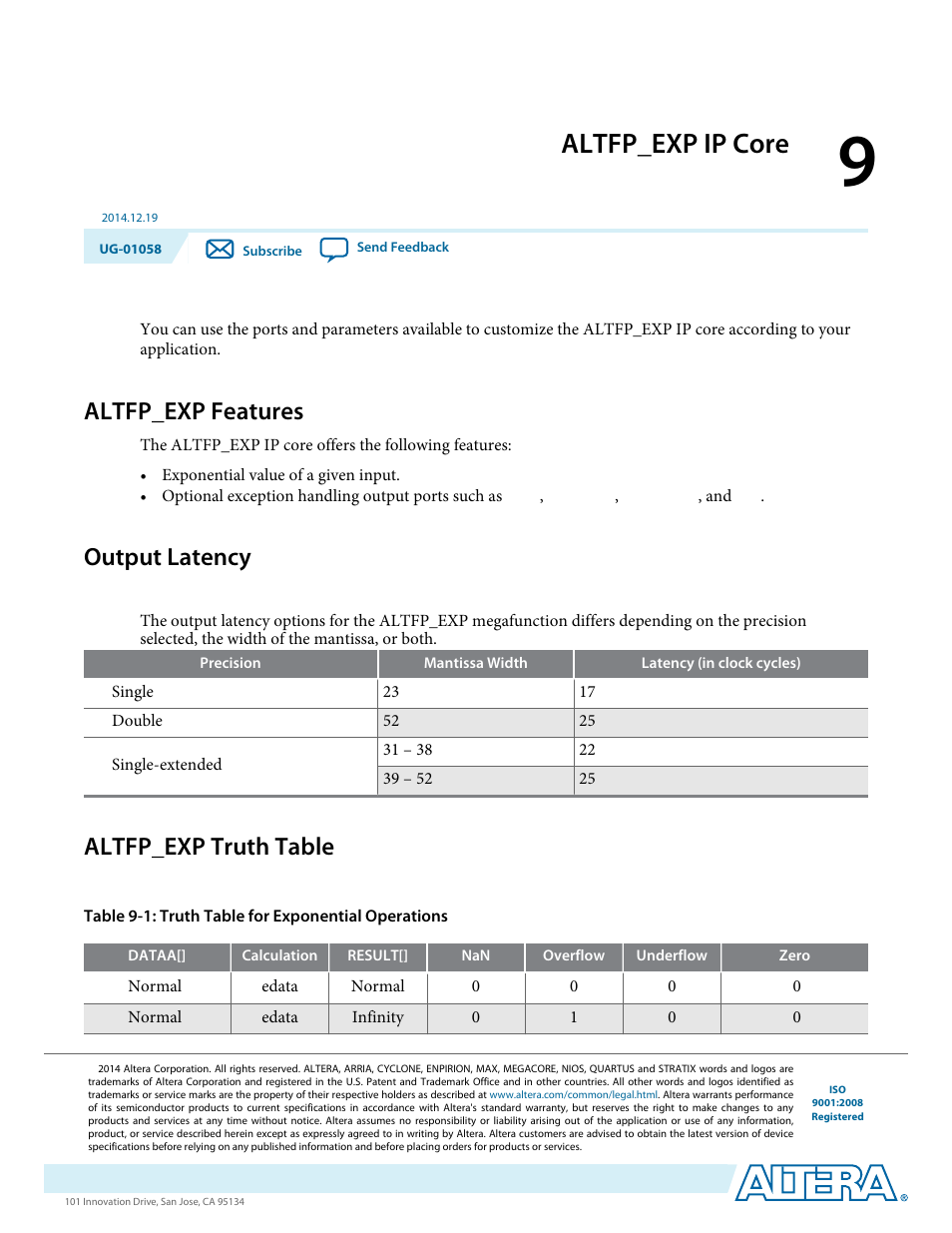 Altfp_exp ip core, Altfp_exp features, Output latency | Altfp_exp truth table, Altfp_exp ip core -1, Altfp_exp features -1, Output latency -1, Altfp_exp truth table -1 | Altera Floating-Point User Manual | Page 75 / 157