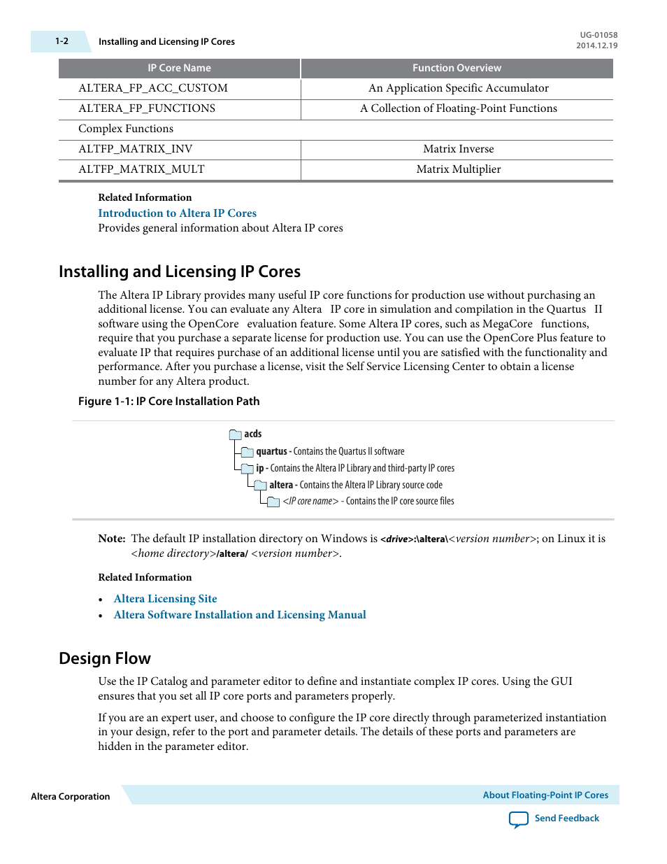 Installing and licensing ip cores, Design flow, Installing and licensing ip cores -2 | Design flow -2 | Altera Floating-Point User Manual | Page 8 / 157