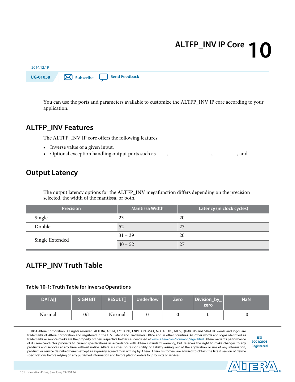 Altfp_inv ip core, Altfp_inv features, Output latency | Altfp_inv truth table, Altfp_inv ip core -1, Altfp_inv features -1, Output latency -1, Altfp_inv truth table -1 | Altera Floating-Point User Manual | Page 81 / 157