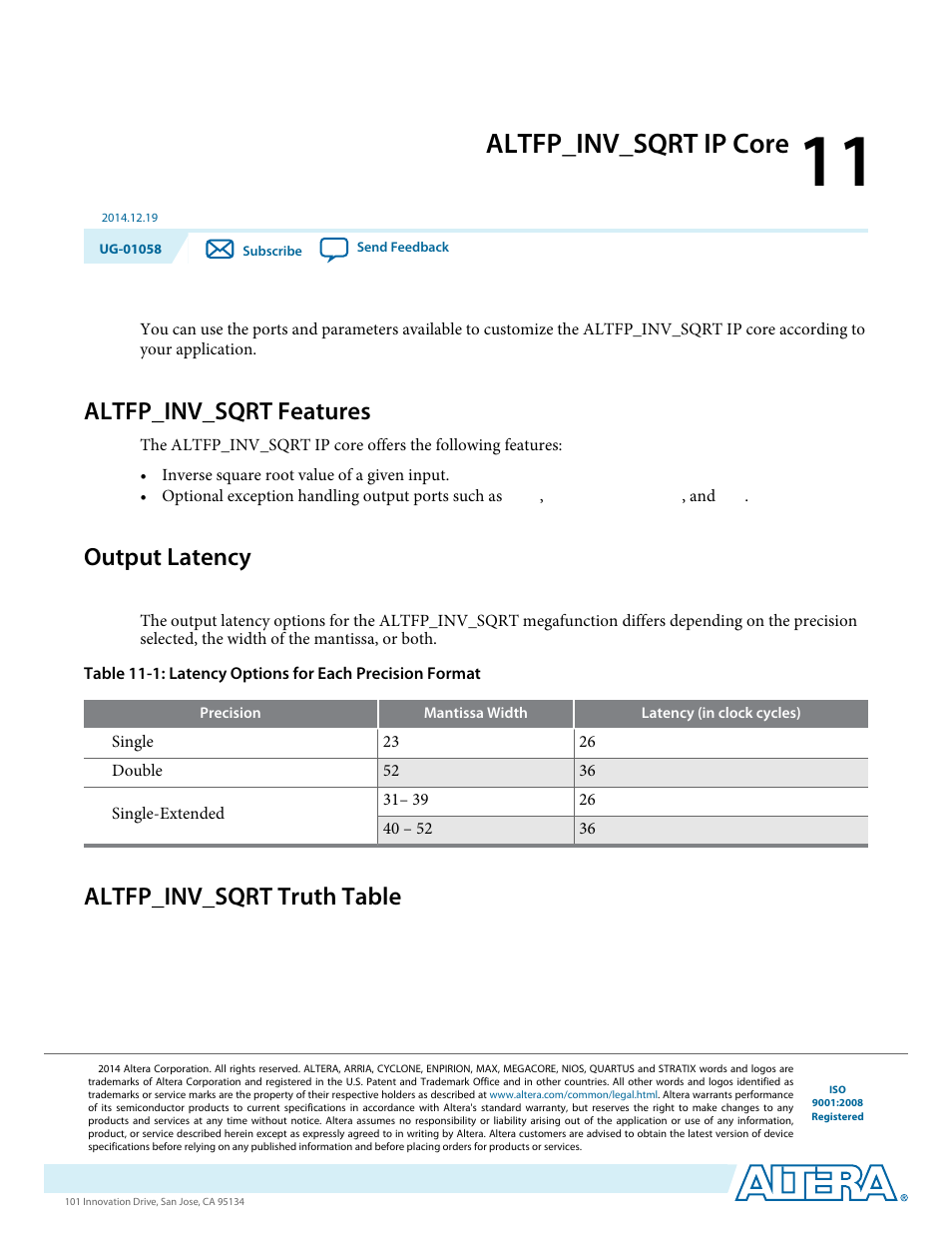 Altfp_inv_sqrt ip core, Altfp_inv_sqrt features, Output latency | Altfp_inv_sqrt truth table, Altfp_inv_sqrt ip core -1, Altfp_inv_sqrt features -1, Output latency -1, Altfp_inv_sqrt truth table -1 | Altera Floating-Point User Manual | Page 87 / 157