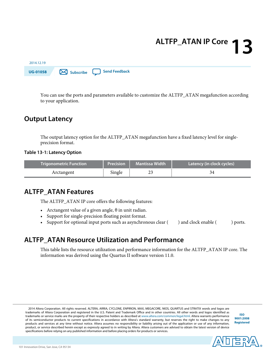 Altfp_atan ip core, Output latency, Altfp_atan features | Altfp_atan resource utilization and performance, Altfp_atan ip core -1, Output latency -1, Altfp_atan features -1, Altfp_atan resource utilization and performance -1 | Altera Floating-Point User Manual | Page 99 / 157