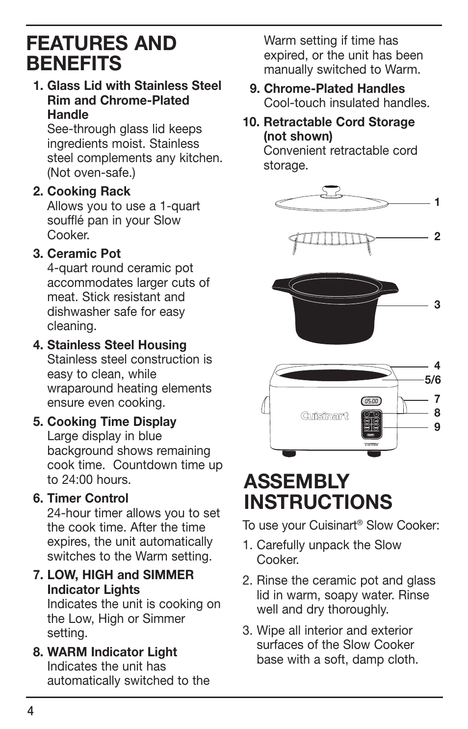 Features and benefits, Assembly instructions | Cuisinart SC-400 User Manual | Page 4 / 13