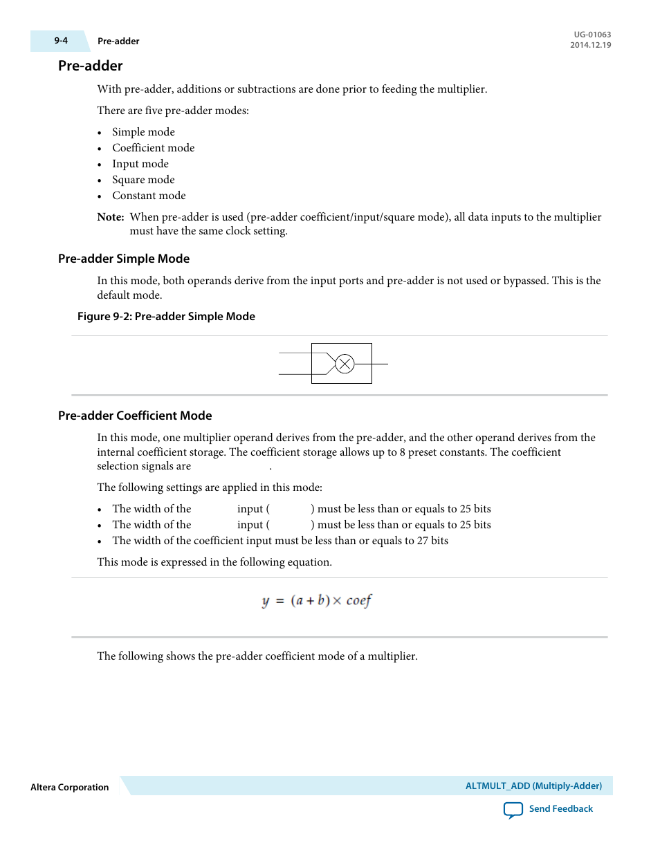 Pre-adder, Pre-adder simple mode, Pre-adder coefficient mode | Pre-adder -4 | Altera Integer Arithmetic IP User Manual | Page 105 / 157