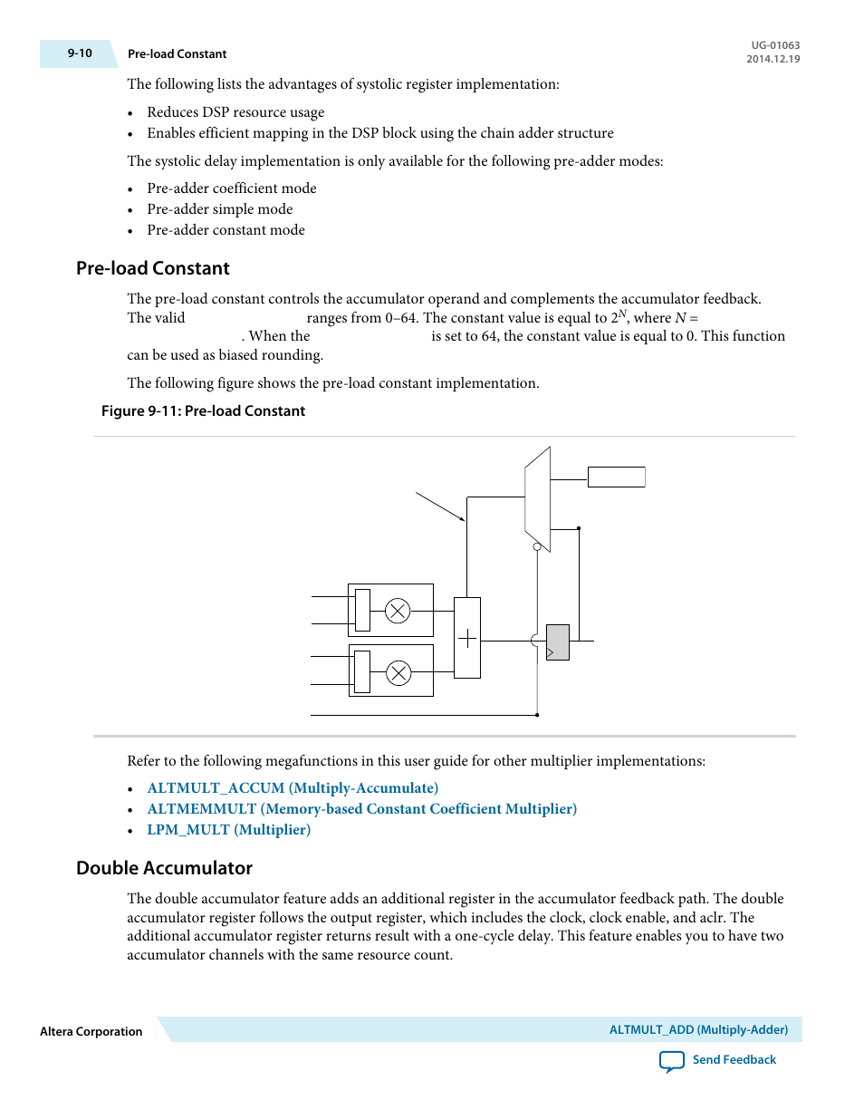 Pre-load constant, Double accumulator, Pre-load constant -10 | Double accumulator -10 | Altera Integer Arithmetic IP User Manual | Page 111 / 157
