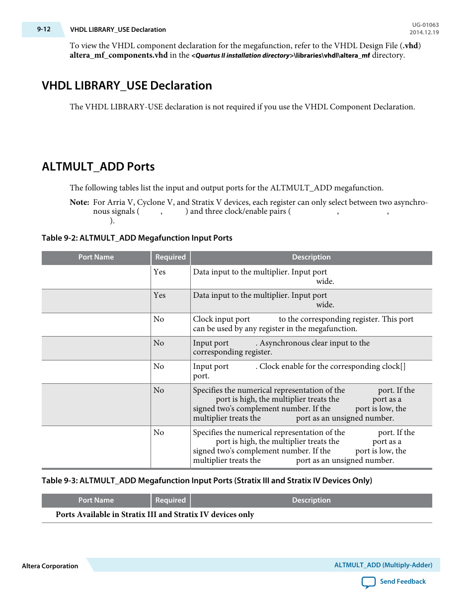 Vhdl library_use declaration, Altmult_add ports, Vhdl library_use declaration -12 | Altmult_add ports -12 | Altera Integer Arithmetic IP User Manual | Page 113 / 157