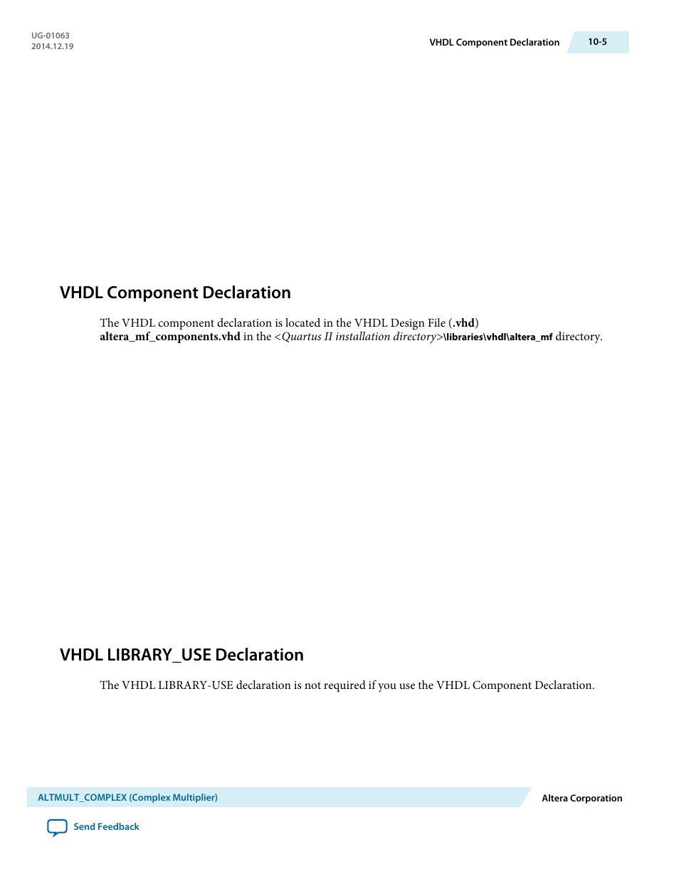 Vhdl component declaration, Vhdl library_use declaration, Vhdl component declaration -5 | Vhdl library_use declaration -5 | Altera Integer Arithmetic IP User Manual | Page 142 / 157