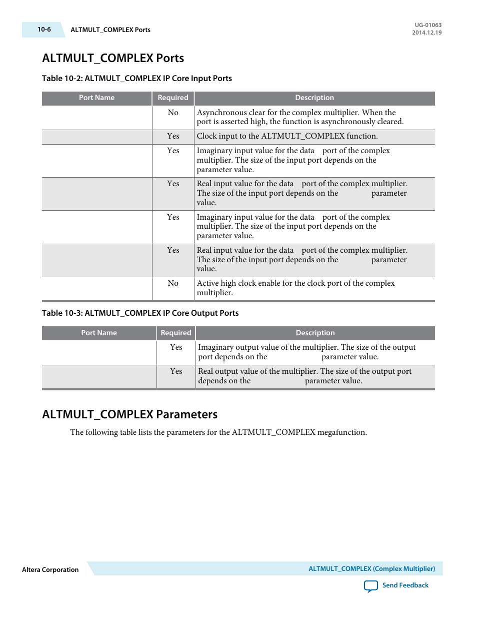 Altmult_complex ports, Altmult_complex parameters, Altmult_complex ports -6 | Altmult_complex parameters -6 | Altera Integer Arithmetic IP User Manual | Page 143 / 157